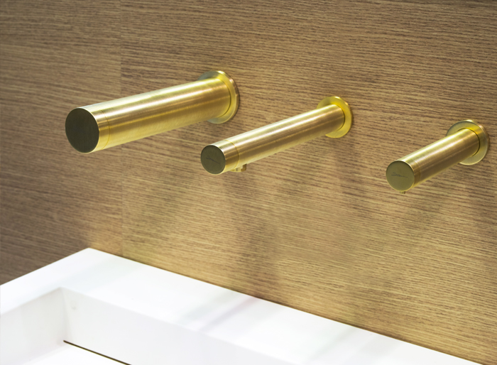 Tubular Trio in Satin Gold Finish - Touch Free Faucet, Soap Dispenser and Hi-Speed Hand Dryer