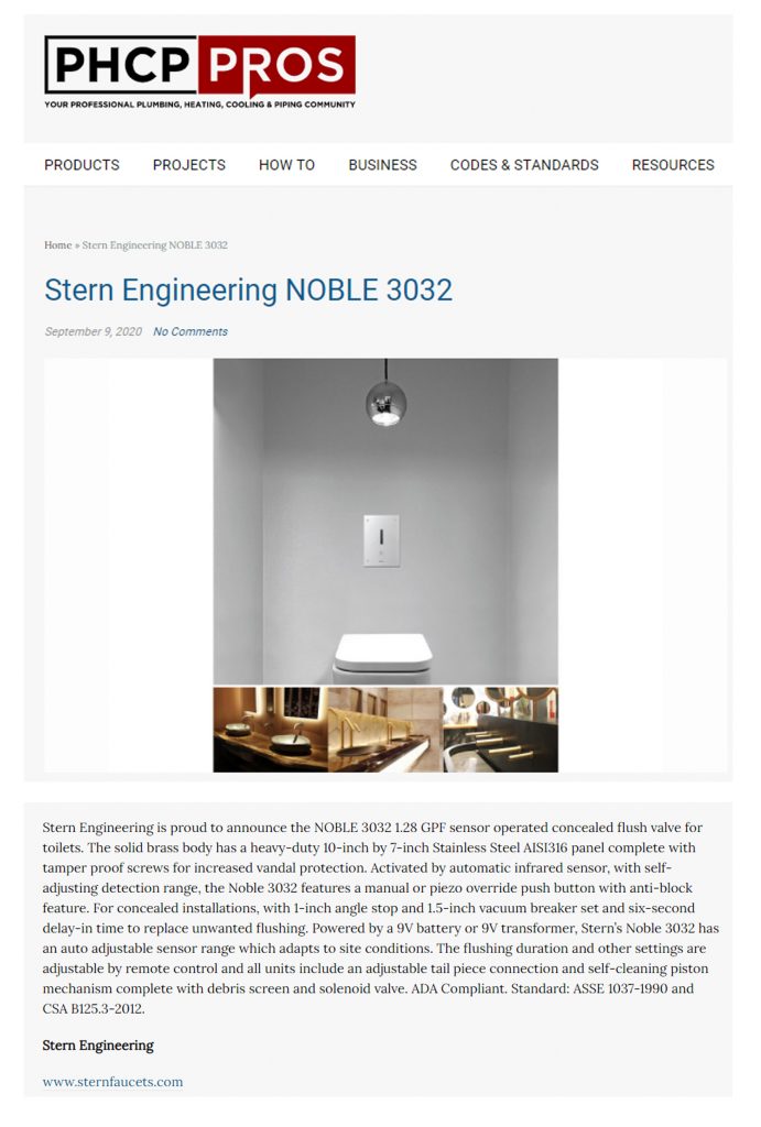 Stern in PHCPPROS - Stern’S Noble 3032 1.28 GPF Touchless Concealed Flush Valve For Toilets Featured In PHCP Pros